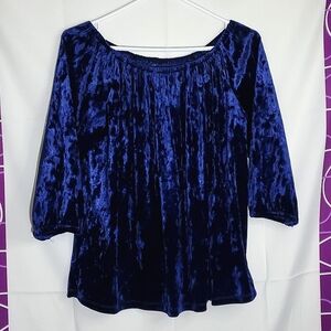 Blue Crushed Velvet 3/4 Puff Sleeve, Off The Shoulder Flowy Top - Large